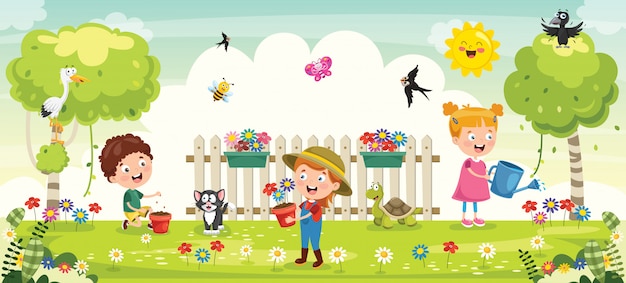 Vector little children gardening and planting