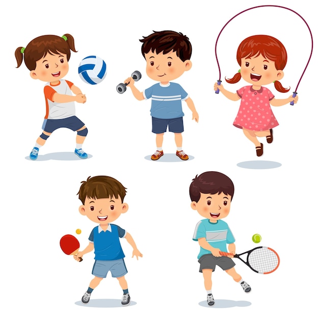 Bambini piccoli che giocano a diversi sport pallavolo con manubri salto con la corda tennis da tavolo