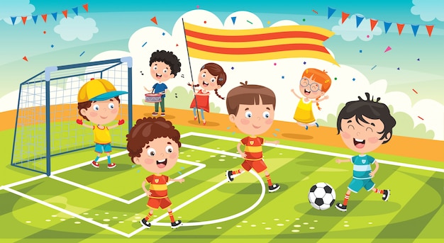 Vector little children playing football outside