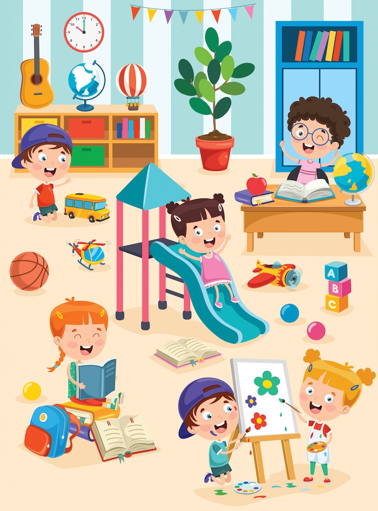 Vector little children studying and playing at preschool classroom