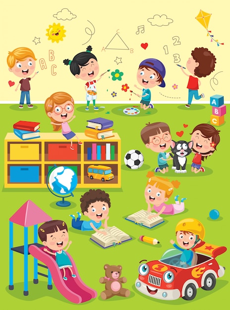 Little Children Studying And Playing At Preschool Classroom