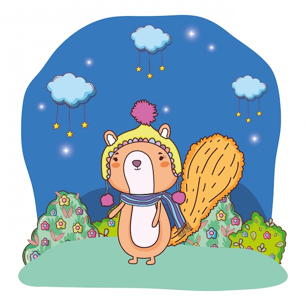 Piccolo scoiattolo con cappello e sciarpa in campo