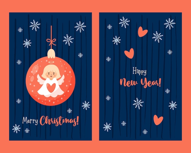 작은 크리스마스 천사 소녀 만화 스타일의 메리 크리스마스 포스트카드 귀여운 새해 어린이 컬렉션