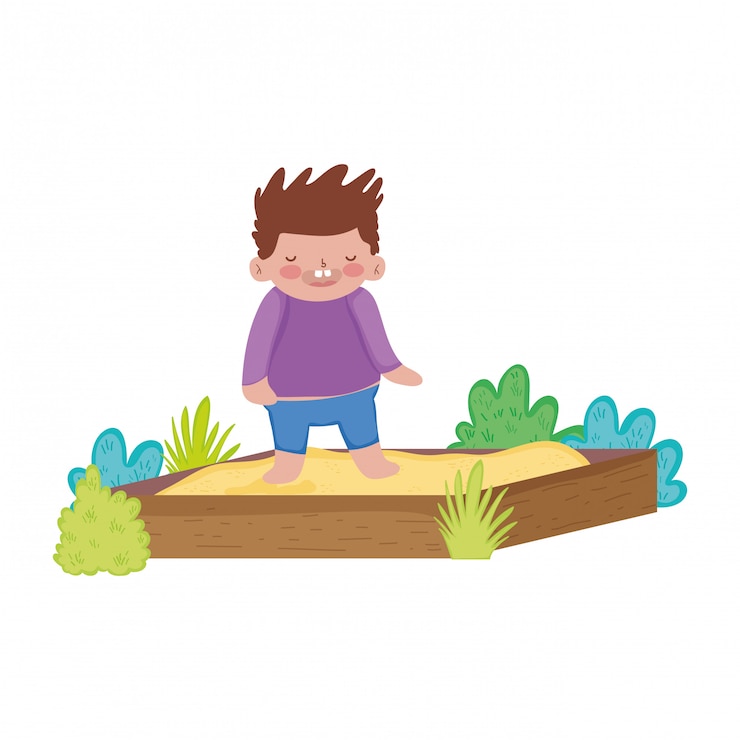 Vector little chubby boy playing in sand box