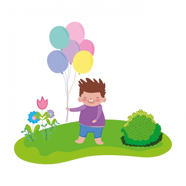 Little chubby boy with balloons helium in the landscape