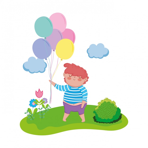 Little chubby boy with balloons helium in the landscape