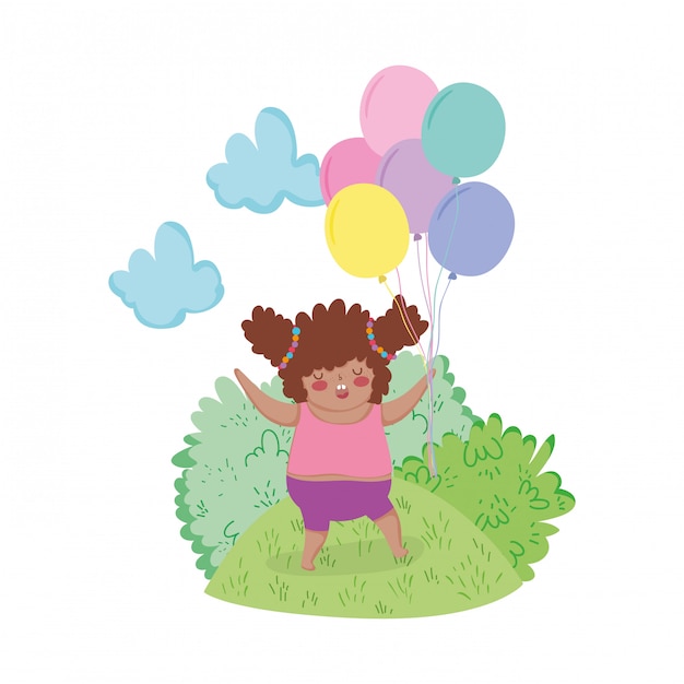 Little chubby girl with balloons air in the landscape