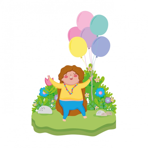 Little chubby girl with balloons air in the landscape