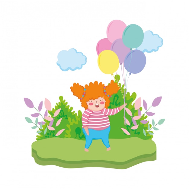 Little chubby girl with balloons air in the landscape