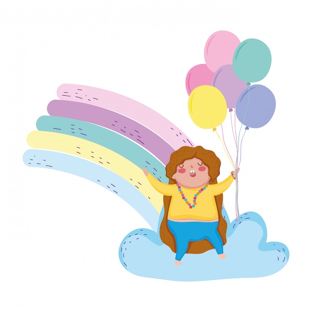 Vector little chubby girl with rainbow and balloons helium