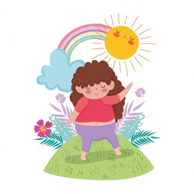 Little chubby girl with rainbow in the landscape