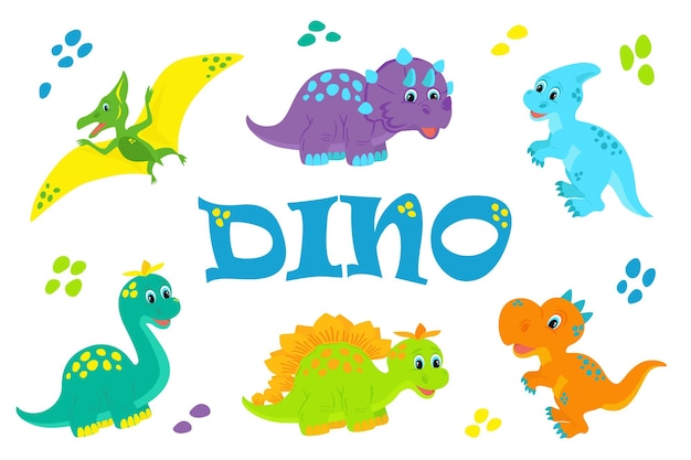 Little colorful dinosaurs in the cartoon style