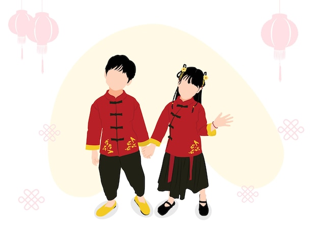 Vector little couple with traditional chinese dress