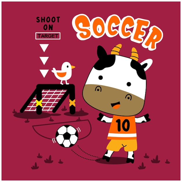 Little cow playing soccer funny animal cartoon