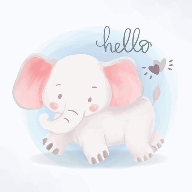 Little cute baby elephant playing and running Nursery Watercolor wild animal sleeping say hello