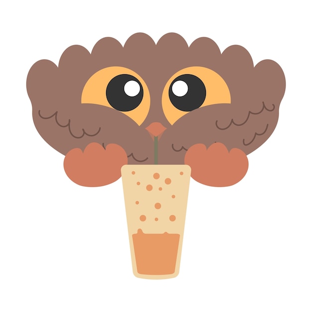 Little Cute Bird Owl met grote ogen frisdrank limonade drinken