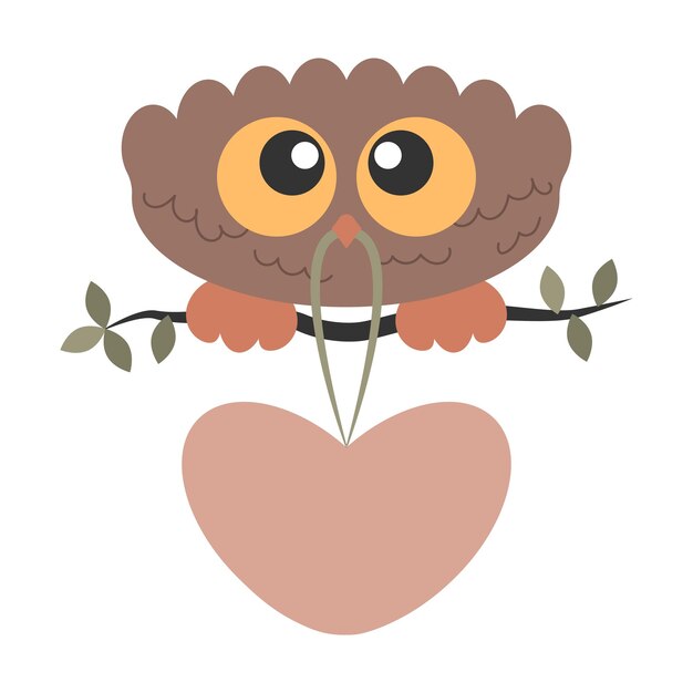 나뭇가지에 앉아 부리에 큰 심장을 들고 있는 큰 눈을 가진 작은 귀여운 새 올빼미