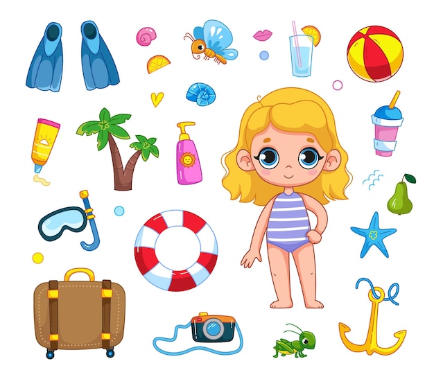 Little cute blonde girl in a striped swimsuit Set of elements of summer holidays and sea