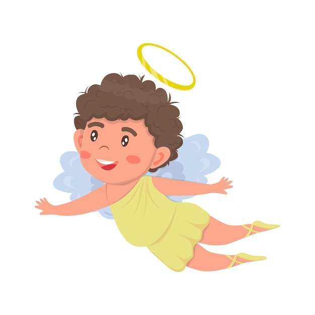 Little cute boy angel in cartoon style with yellow dress and golden halo flying