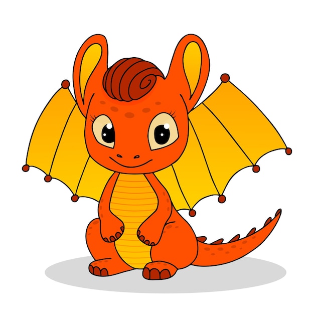 Little cute cartoon orange dragon with wings funny fantasy character young mythical reptile monster vector illustration isolated on white background