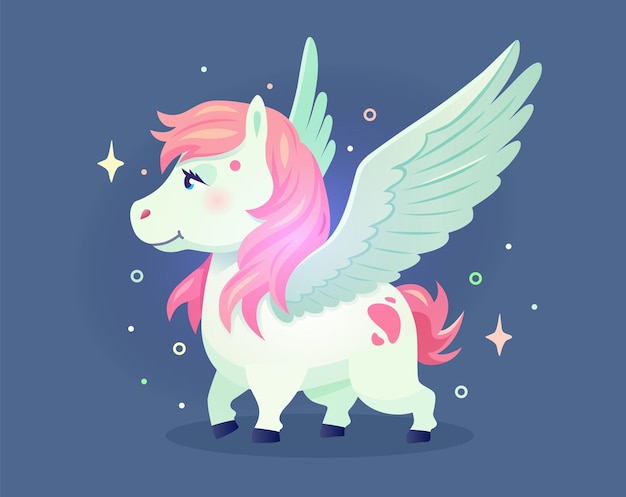 Vector little cute cartoon pegasus with wings and purple hair pretty fairy pony girl magic pegasus