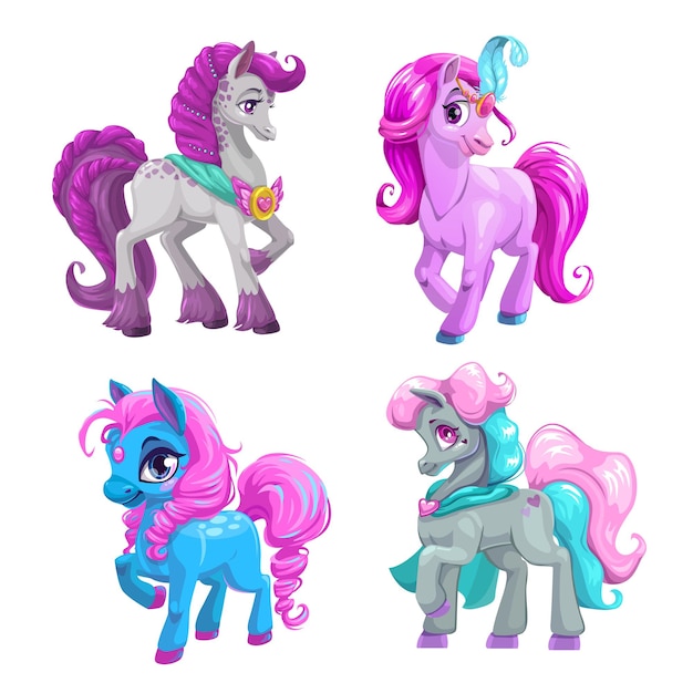 Vector little cute cartoon pony princess set