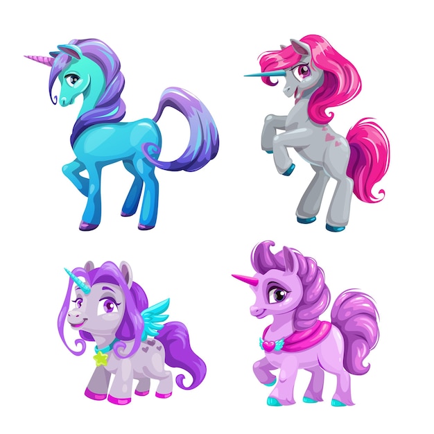 Vector little cute cartoon unicorn icons set