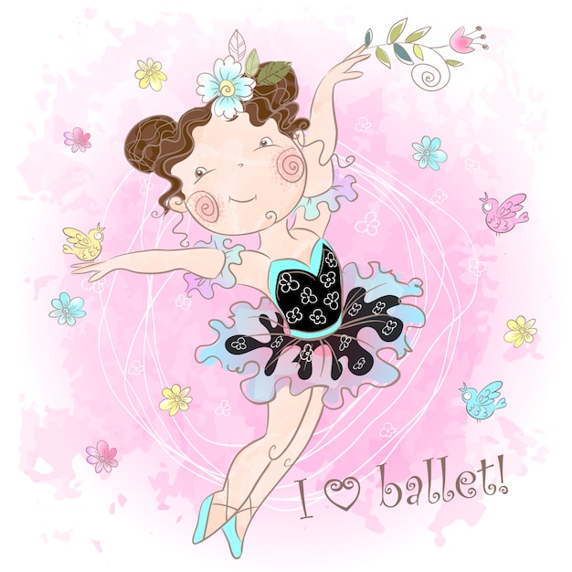 Vector little cute girl ballerina dancing. i love ballet. inscription.