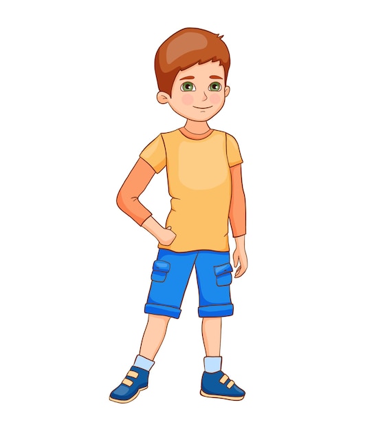 ベクトル 白い背景に分離されたショート パンツの小さなかわいい幸せな少年ベクトル フラット漫画イラスト