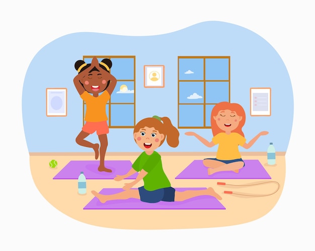 Vettore piccoli bambini carini e felici frequentano le lezioni di yoga, sport per bambini sorridenti e pratica dello yoga.