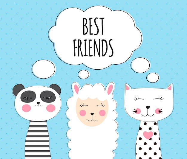 Little cute llama, panda and cat for card and shirt design. Best Friend Concept.   