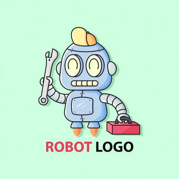 Little cute mechanic robot bring a wrench and red toolkit box. mascot logo.