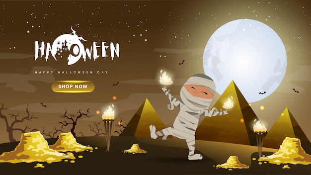 Little Cute Mummy with gold and pyramid on Dark night background