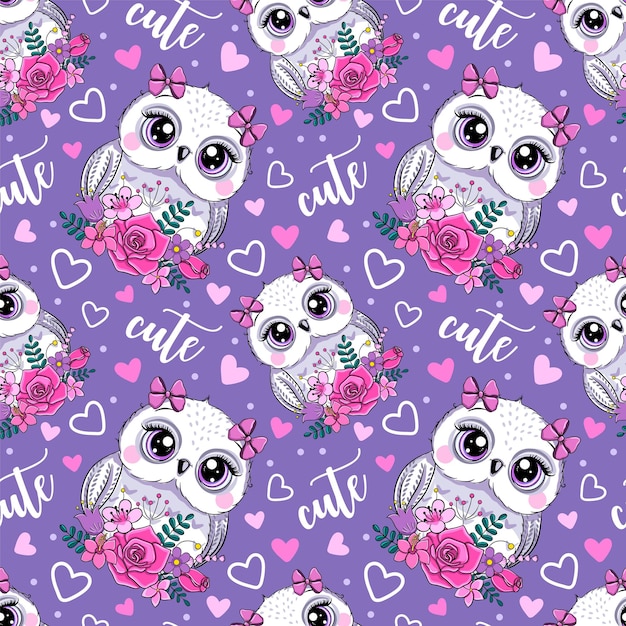 Little cute owl and flowers. cartoon vector seamless pattern