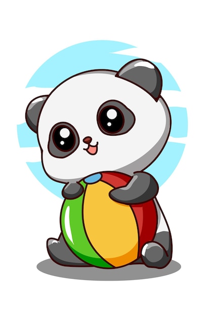 Little cute panda with ball in summer holiday cartoon illustration