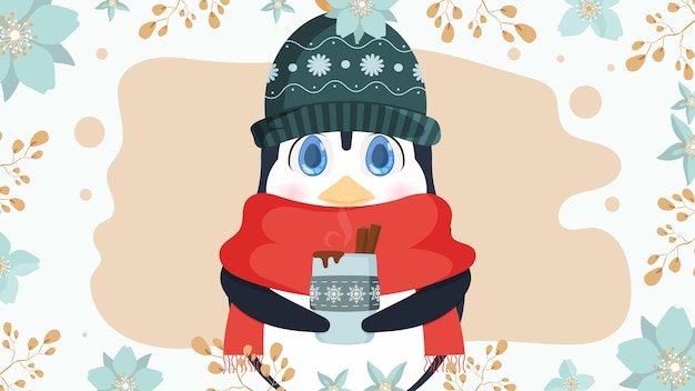 A little cute penguin in a winter hat and a scarf holds a hot drink in his hands. Knitted hat, red scarf, hot, winter drink, coffee or latte. Vector. Ready postcard