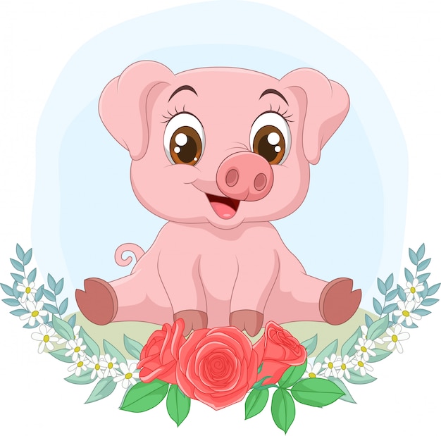 Little cute pig sitting with flowers background