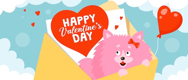 벡터 작은 귀여운 핑크 스피츠 강아지는 발렌타인 엽서와 함께 봉투에 앉아