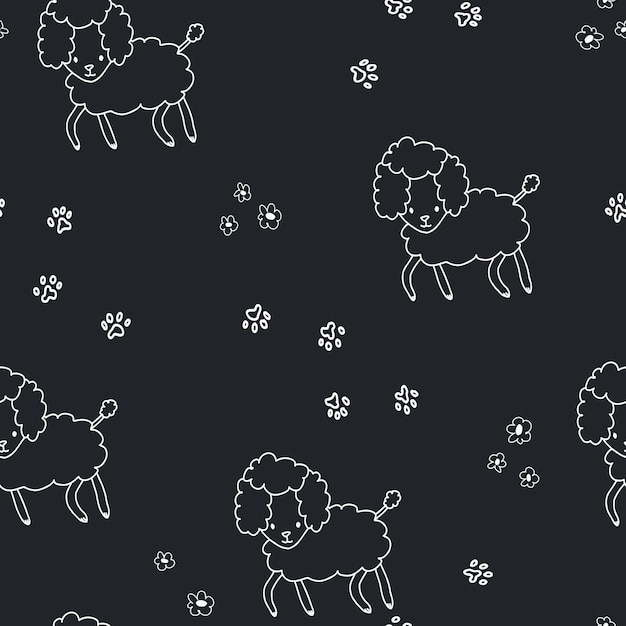 Little cute poodle dog line with paws doodle. Black and white pattern for paper, baby, pets.