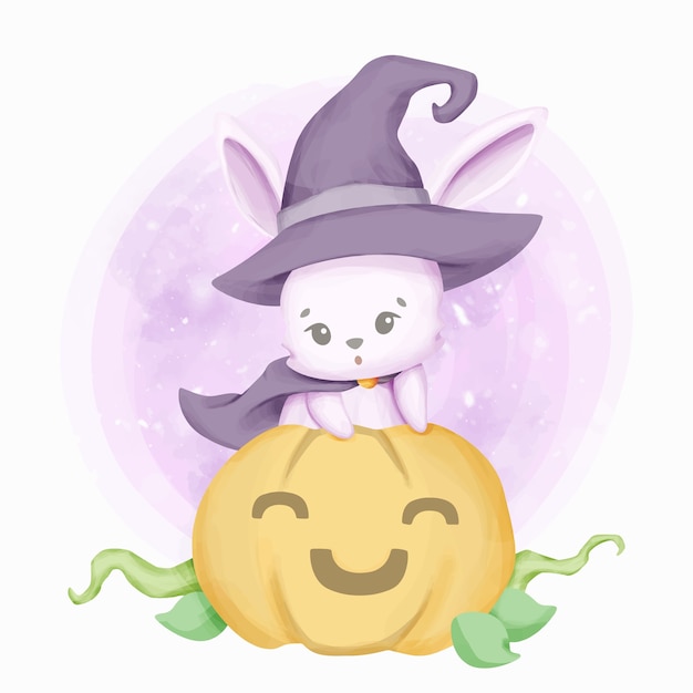 Little Cute Witch Rabbit And The Pumpkin Smile