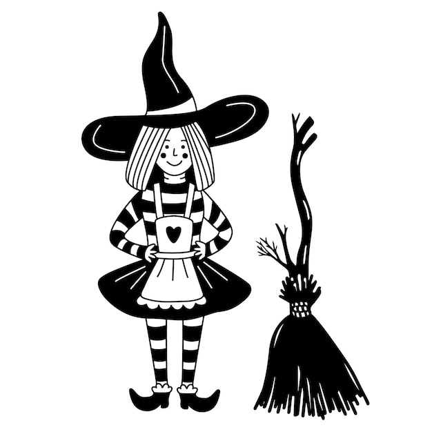 Маленькая милая ведьма с метлой, нарисованной вручную черной векторной иллюстрацией для дизайна Хэллоуина.