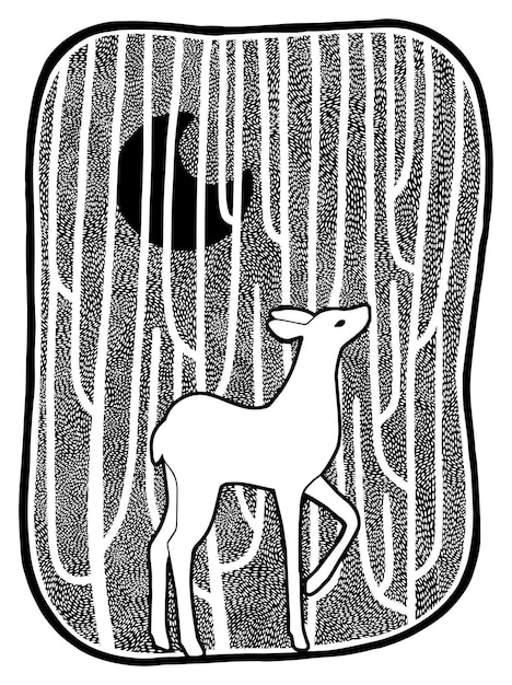숲 속의 작은 사슴, 아늑한 밤. 귀여운 그래픽 드로잉 흰색 절연입니다. 손으로 그린 벡터 일러스트 레이 션. 디자인 요소입니다. 레트로 조각 스타일입니다.