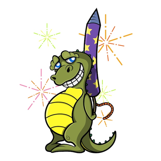 Vector little dinosaur cartoon character hiding a firecrackers behind his body and smile