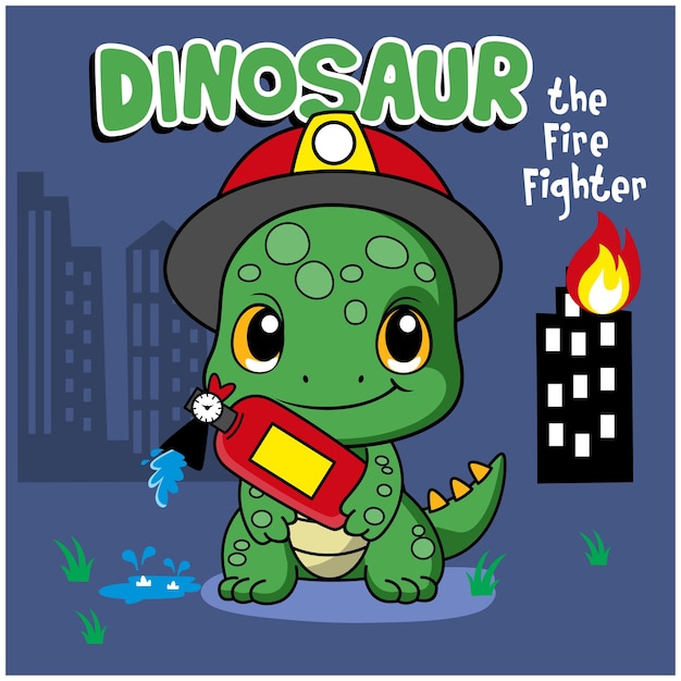 Vector a little dinosaur the fire fighter funny animal cartoon