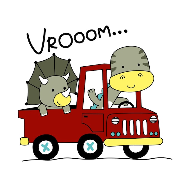 Vector a little dinosaur on the truck funny cartoon