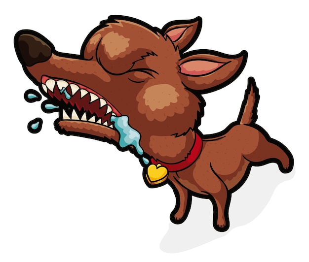 Маленькая собачка лает яростным жестом и показывает зубы в красном ошейнике с медалью в виде сердца