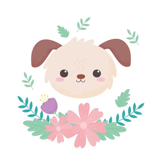 小狗頭花葉卡通動物向量插圖