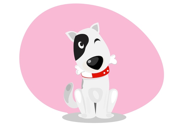The little dog held a bone in his mouth and make cute gestures Flat style cartoon illustration vector