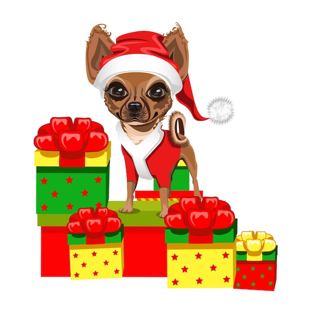 Vector little dog in a red santa claus hat