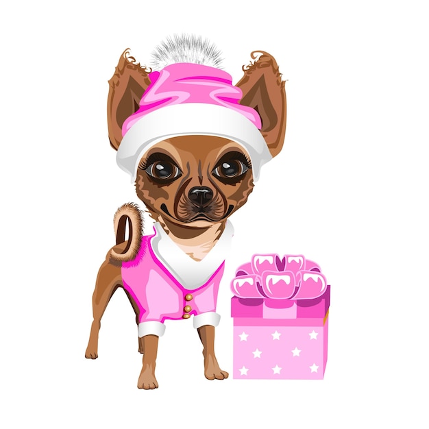 Vector little dog in a red santa claus hat